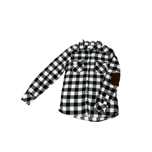 Ci Sono Womens Black & White Buffalo Plaid Button-Down Shirt With Brown Elbow Pa - Picture 1 of 6